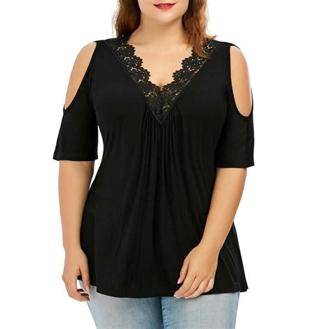 Plus Size Lace Trim V Neck Loose Cold Shoulder Top Plus