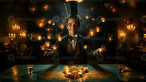 Handsome magician man playing and performing in table. 32445580 Stock ...