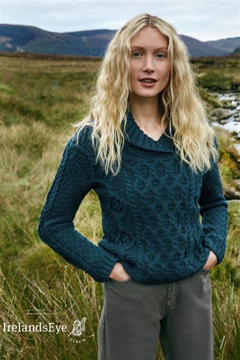 Irelandseye Bramble Aran Blau Gr N Damen Pullover Atlantic Blue