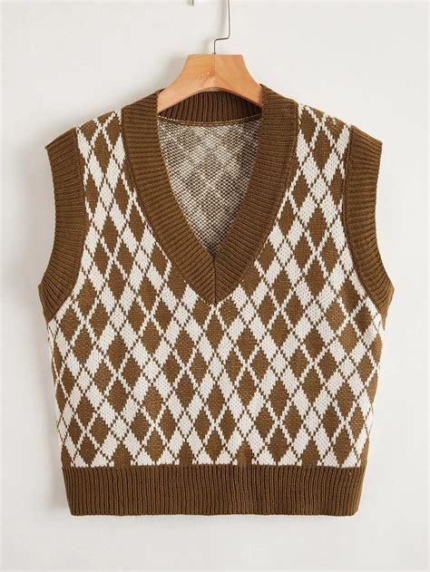 V Neck Argyle Knit Sweater Vest Cable Knit Sweater Pattern Sweaters