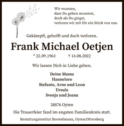 Traueranzeigen Von Frank Michael Oetjen Trauer Kreiszeitung De