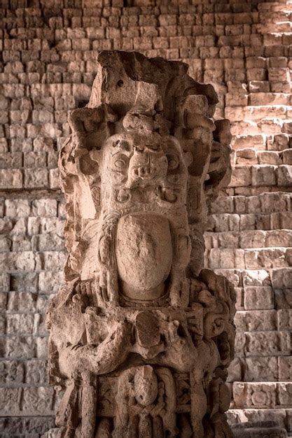 Detail Des Gesichts Der Wichtigsten Figur Der Tempel Von Copan Ruinas