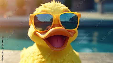 Very Happy Cool Yellow Duck With Sunglasses Next To The Pool In The Sun