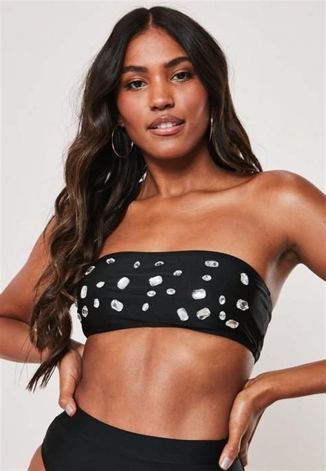 Missguided Premium Black Jewel Bandeau Bikini Top In Bandeau