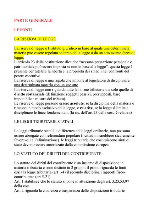 Appunti Diritto Tributario Parte Generale Le Fonti La Riserva Di