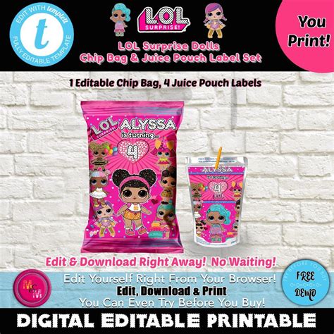 Editable Dolls Theme Chip Bag Capri Set Birthday Party Printables