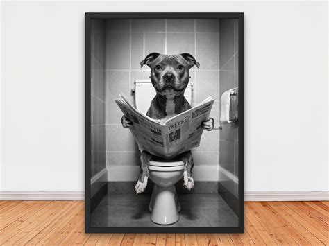 Funny Pitbull Reading Newspaper on Toilet, Funny Bathroom Wall Decor