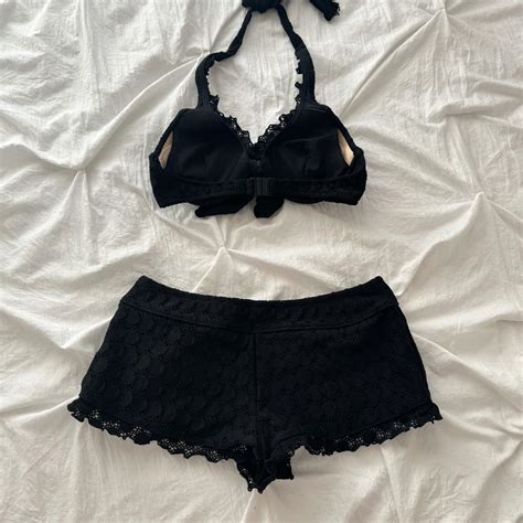 Black Lace Knit Bikini Set W Shorts Best Fits A Depop