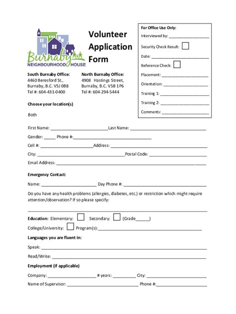 Fillable Online Volunteer Application Form Burnaby Neighbourhood