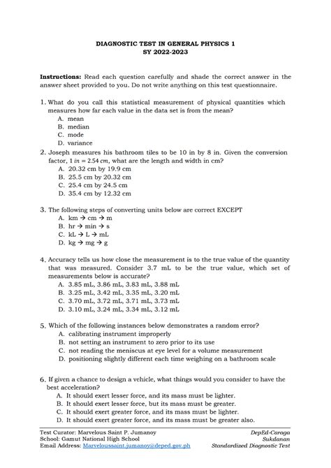 General Physics Diagnostic Test Test Curator Marvelous Saint P