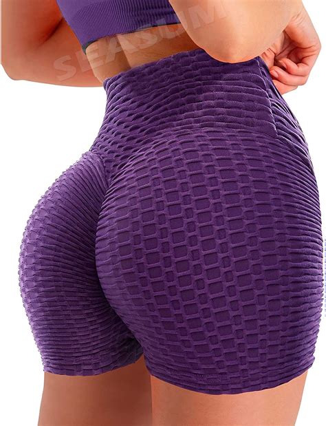 Seasum Women Workout Shorts Brazilian Textured Booty Leggings Shorts Anti Cellulite Scrunch Butt