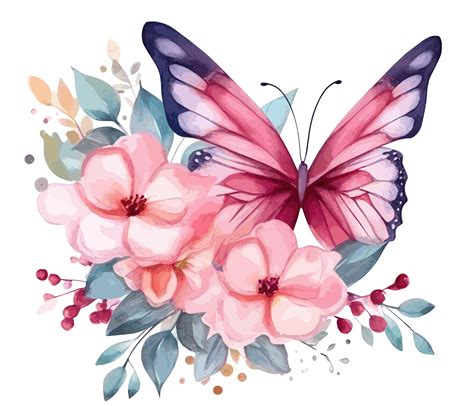 Watercolor Colorful Butterfly And Flower Png