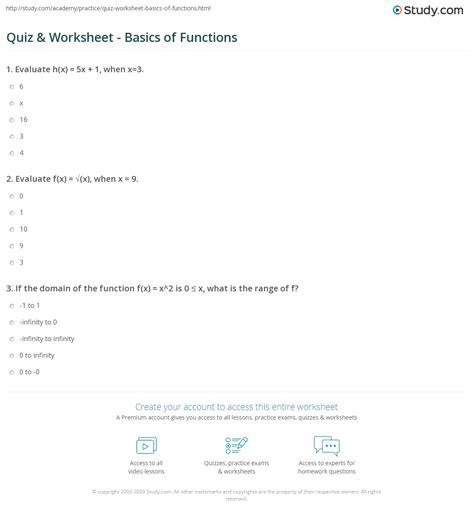 Quiz And Worksheet Basics Of Functions Worksheets Library