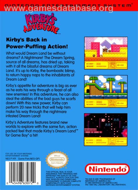 Kirby S Adventure Nintendo Nes Artwork Box Back