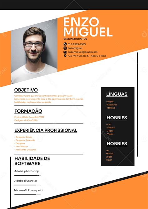 Modelo de Currículo Designer Gráfico PSD Editável download Designi