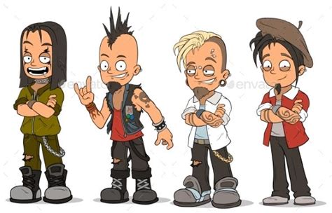 Cartoon Punk Rock Metal Guys Characters Vector Set Cartoon Character