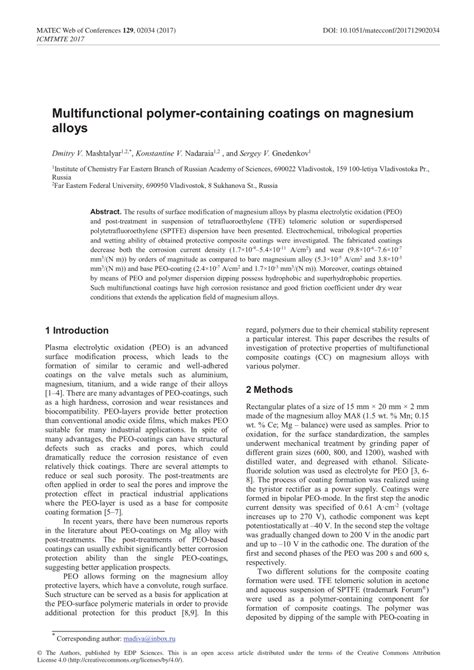 Pdf Multifunctional Polymer Containing Coatings On Magnesium Alloys