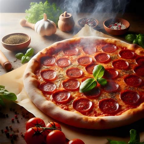 A Freshly Baked Pizza On A Table With Slightly Crispy Pepperoni Slices