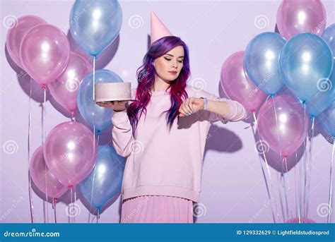 Beautiful Young Woman with Birthday Cake and Balloons Looking Stock ...