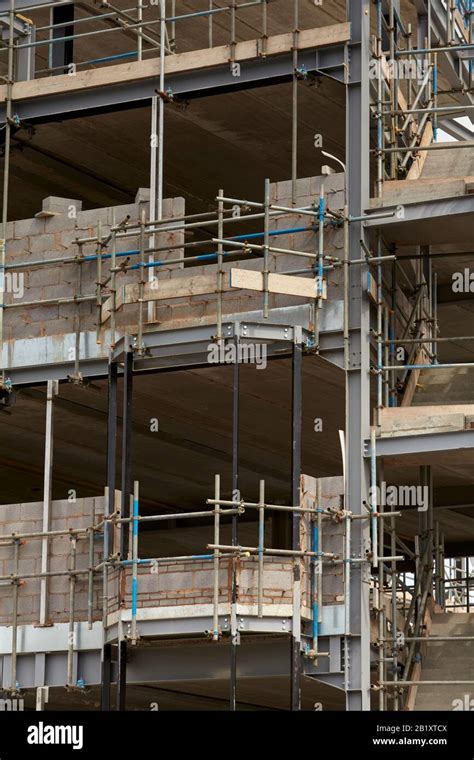 Steelwork And Scaffolding Steel Frame Of Commercial Building Under