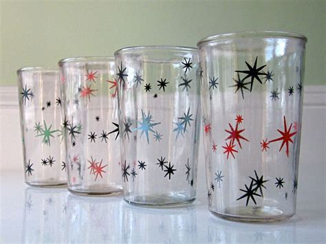 Vintage Atomic Jelly Jar Juice Glasses Starburst Drinking Glasses Glass Tumblers Vintage