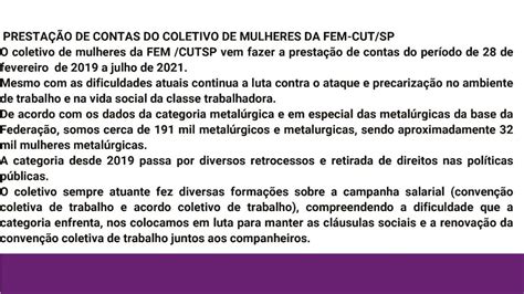 Presta O De Contas Do Coletivo De Mulheres Da Fem Cut Sp Federa O