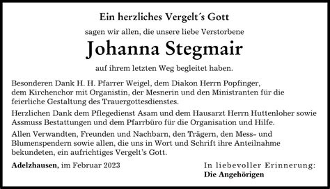 Traueranzeigen Von Johanna Stegmair Augsburger Allgemeine Zeitung