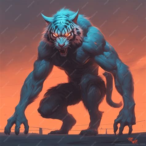 Art Werecat Tiger Lynx Werewolf With Human Body Muscular Professional