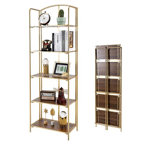 Crofy No Assembly Folding Bookshelf Tier Gold Bookshelf Metal Book