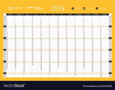 Yearly Wall Calendar Planner Template For 2019 Vector Image