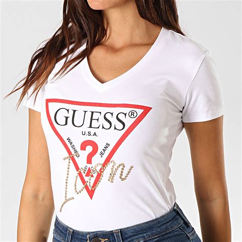 Guess Tee Shirt Femme Col V Avec Strass W94i65 K7de0 Blanc Doré