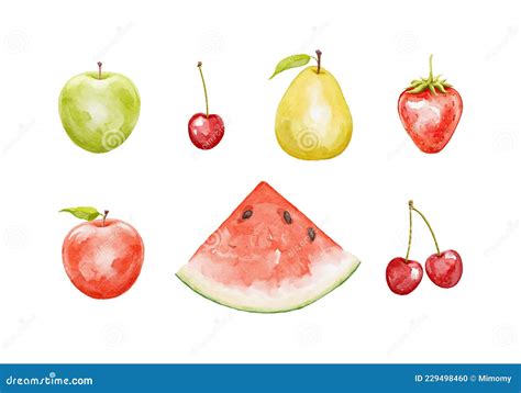 Watercolor Set With Bright Juicy Cute Fruits Stock Illustration