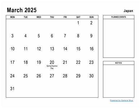 March 2025 Japan Monthly Calendar With Holidays