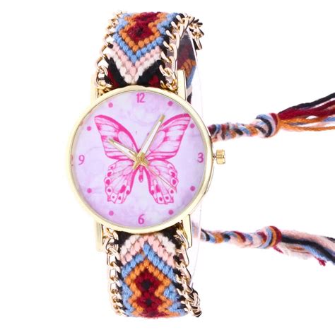 Pink Butterfly Pattern Watch Knitted Weaved Rope Band Women Watches