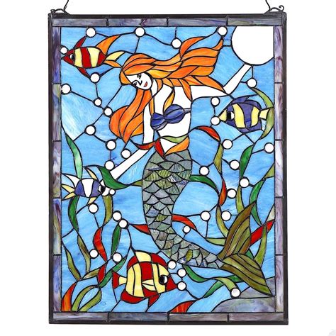 Bieye W Mermaid With Fish Tiffany Style Stained Glass Window Panel