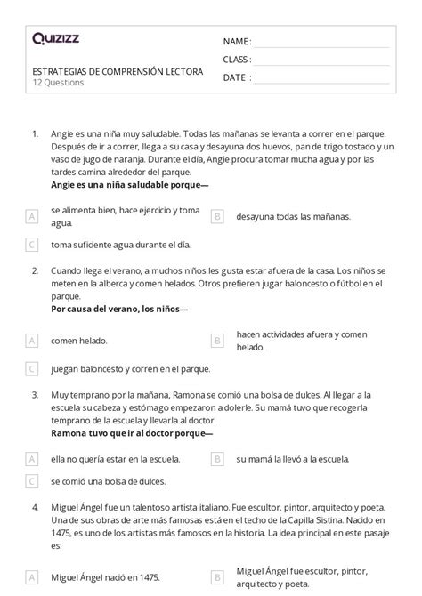 Estrategias De Comprensi N Lectora Hojas De Trabajo Para Grado En