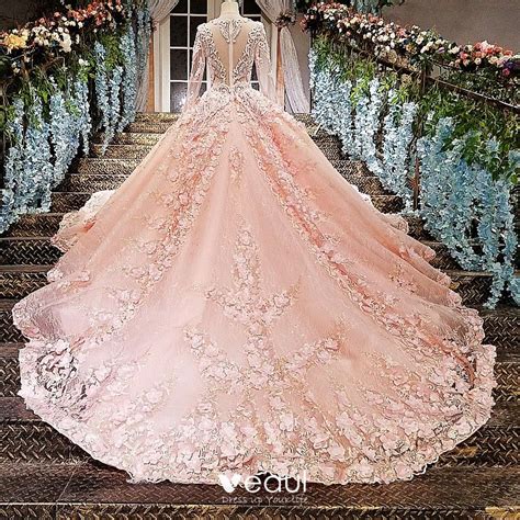 Luxury Gorgeous Pearl Pink Wedding Dresses 2018 Ball Gown Lace Flower