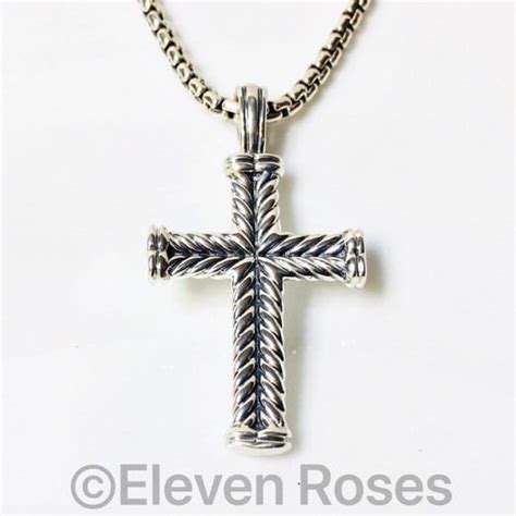 David Yurman Chevron Cross Pendant Box Chain Necklace 925 Sterling