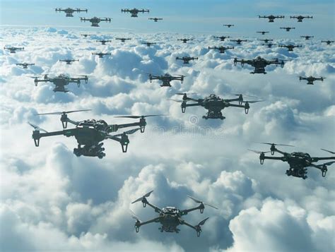 Drone Fleet in the Cloudy Sky Stock Photo - Image of remote, group ...