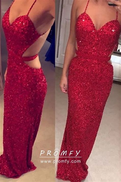 Red Sequin Sweetheart Low Back Sheath Prom Dress Promfy