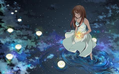 HD wallpaper: Second element of the Fireflies Summer Cartoon Wal.., brown haired girl anime ...