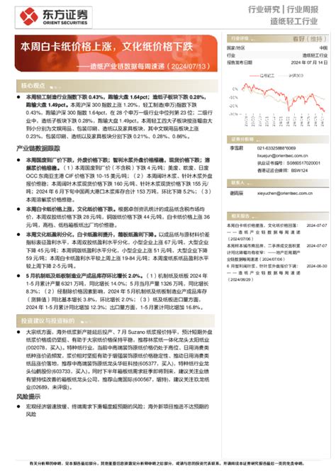 造纸产业链数据每周速递：本周白卡纸价格上涨，文化纸价格下跌