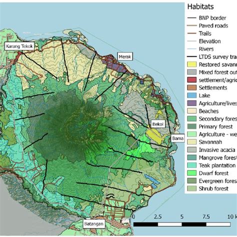 MaxEnt habitat suitability map. The legend shows lutung habitat ...