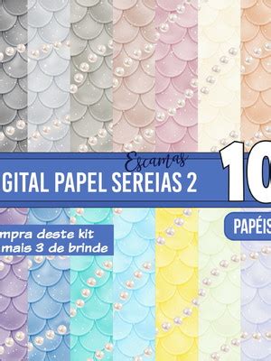 Kit Papel Digital Calda De Sereia Escamas Mermaid Brindes Compre