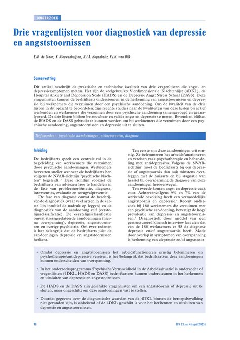 PDF Drie Vragenlijsten Voor Diagnostiek Van Depressie En Angststoornissen