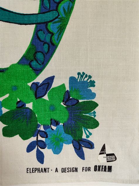 Vintage Belinda Lyon For Oxfam Irish Linen Tea Towel Blue Elephant