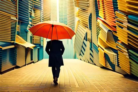 Premium Ai Image A Man Walks Down A Street With An Umbrella In His Hand