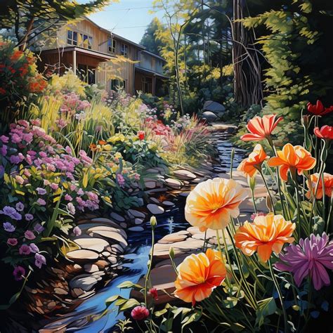 Premium Photo | A painting of a house with flowers and a house in the ...