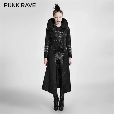 Punk Rave Gothic Trench Coat Stretch Twill Fabric Scorpion Leather Removable Hat High Collar