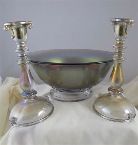 Antique Imperial Double Scroll Smoke Stretch Carnival Glass Console Set Carnival Glass